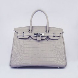 Hermes Birkin 30Cm Crocodile Stripe Handbags Grey Silver